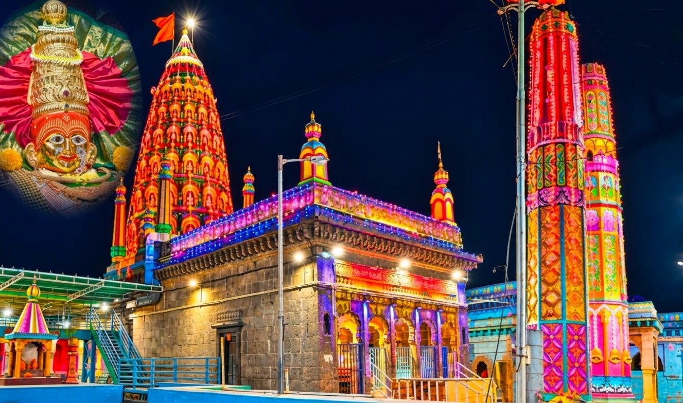 राशीनच्या श्री जगदंबा देवी मंदिरात नवरात्रोत्सवानिमित्त आकर्षक विद्युत रोषणाई; मंदिर परिसर उजळला!